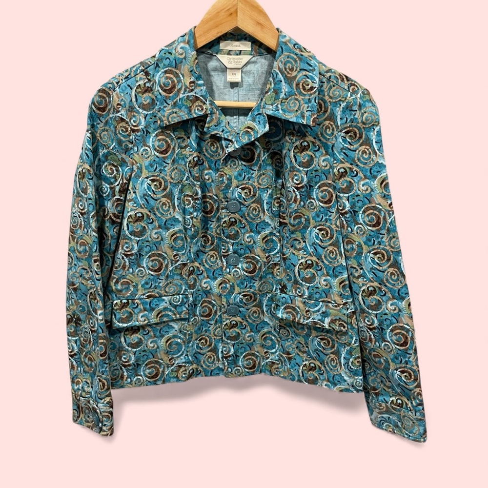 Cute aqua swirl cotton canvas jacket pockets chunky buttton front stretch